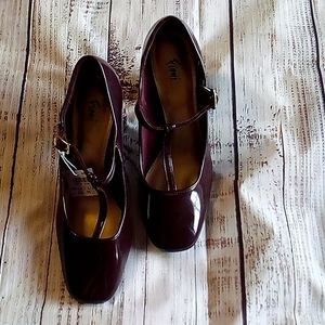burgundy patent t-strap shoes with block heel